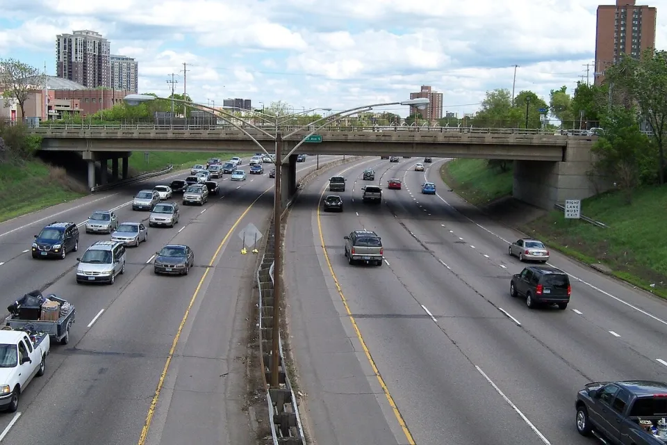 View of light traffic on Interstate 94 in Minneapolis, Minnesota.